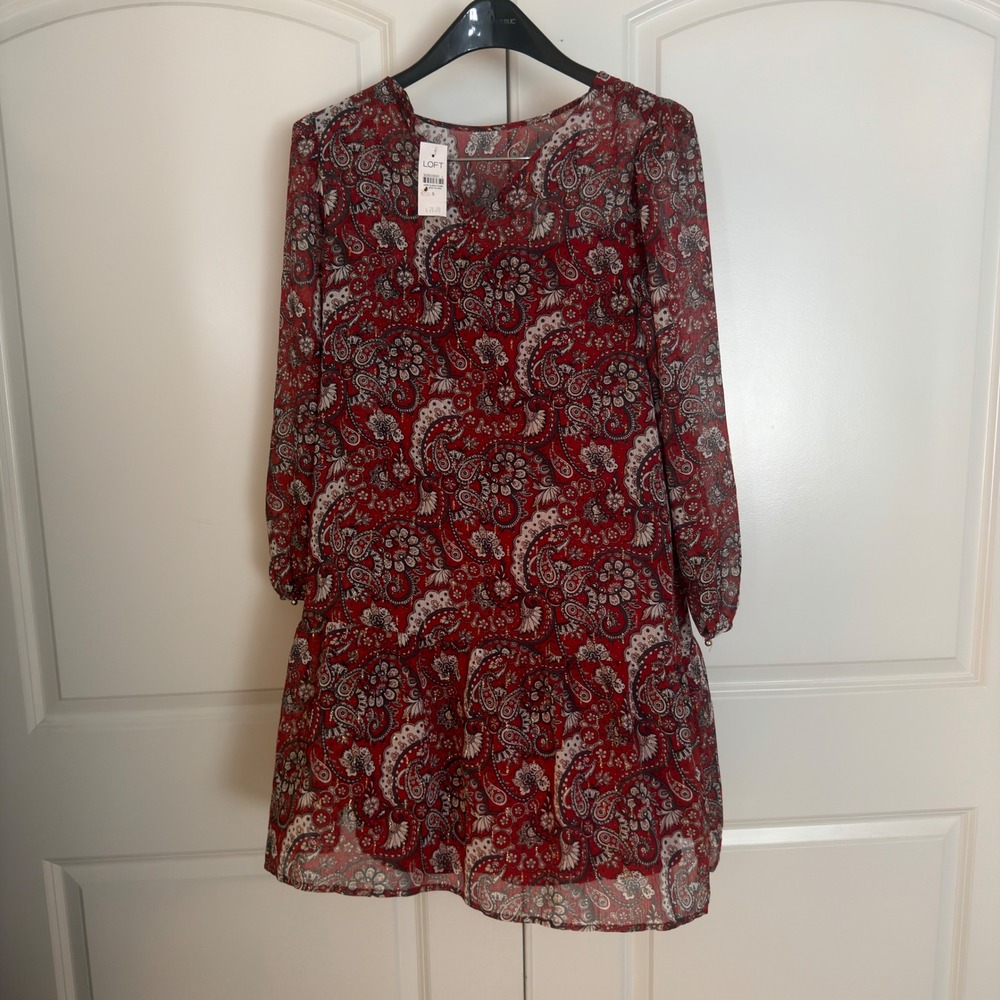 LOFT Red Paisley Metallic Shimmer Drop Waist Ruffle Hem Mini Dress Small NWT
